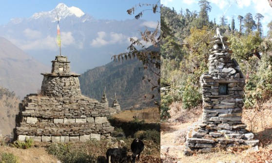 A mane stone arrangement (left) and one of many chortens in Gatlang.